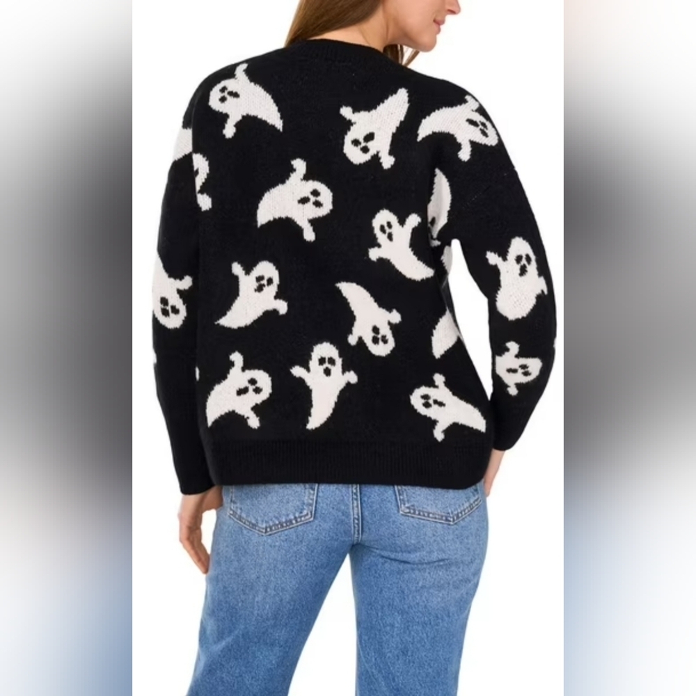 New Vince Camuto Black and White Ghost Knit Crewneck Sweater - Picture 2 of 6
